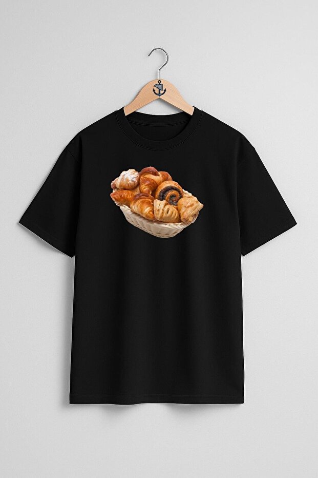 Oversize Bun Croissant Breakfast Croissant Chest Design Unisex T-Shirt