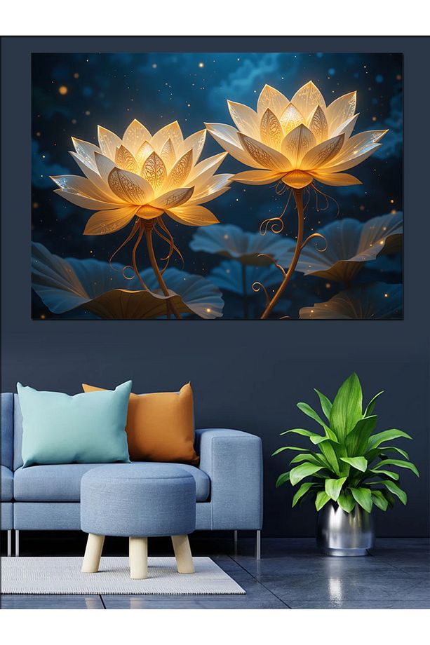 Işıklı Lotus Çiçeği Dekoratif Kanvas - Mdf Ahşap Tablo - 3