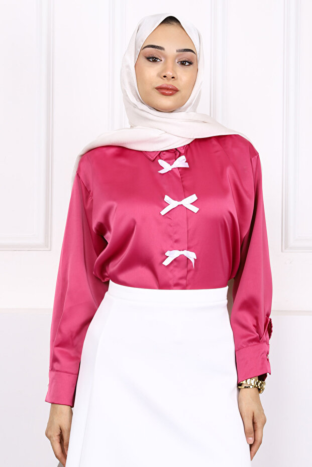 Fuchsia Bow Satin Shirt