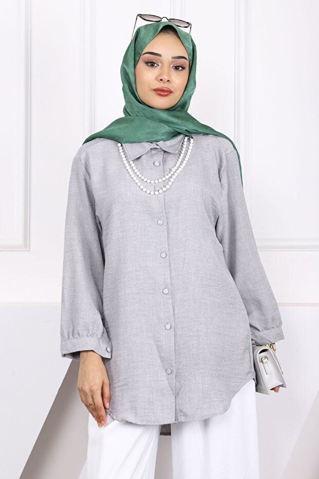 Gray Pearl Pendant Linen Shirt