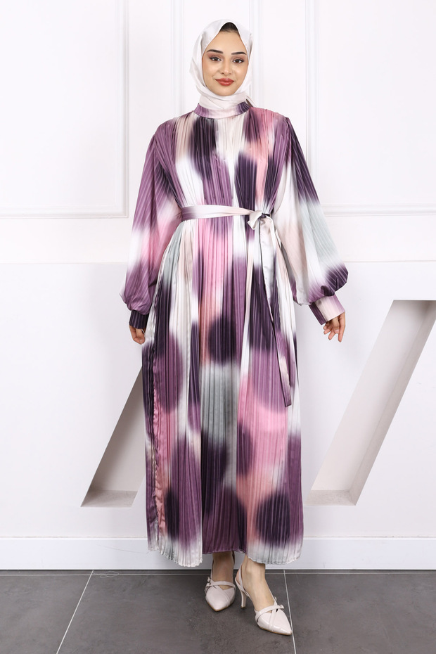 Pink Waist Belted Pleated Dress
