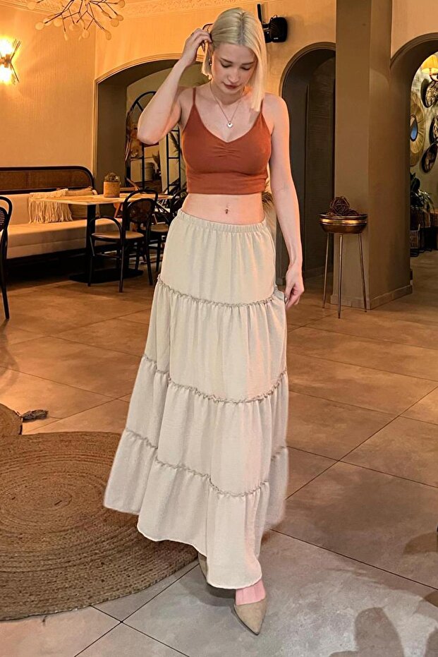 Bej Basic Pileli Kadın Uzun Etek - 1