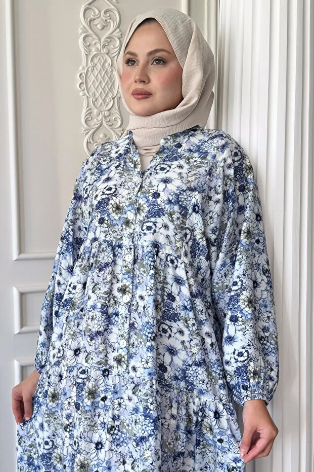 Nergis Çiçeği Mavi Mango Elbise - 6