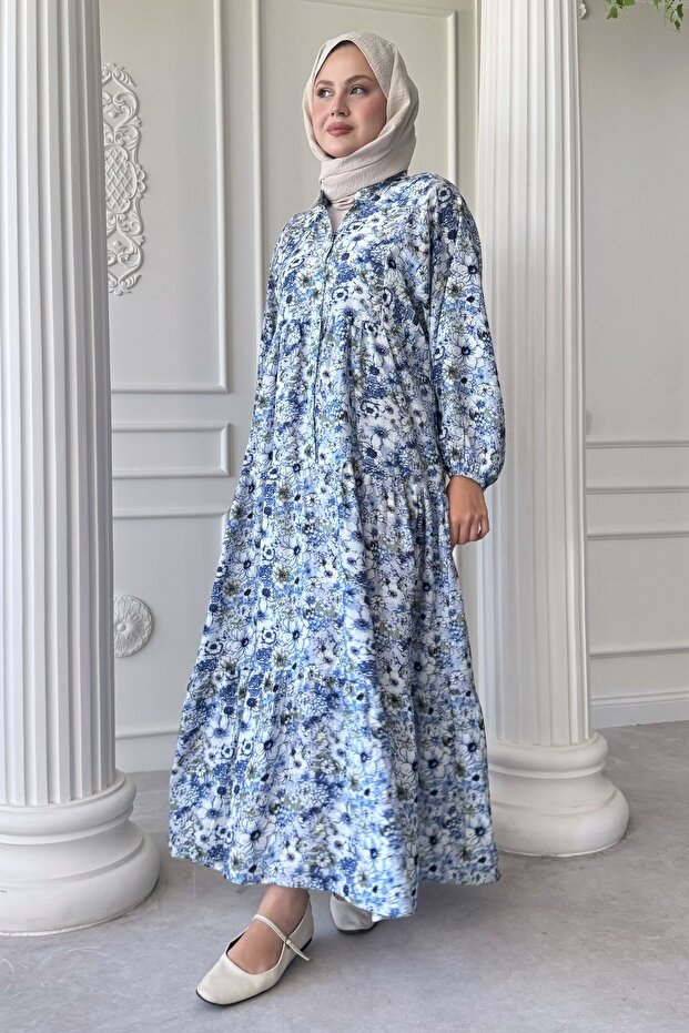 Nergis Çiçeği Mavi Mango Elbise - 4