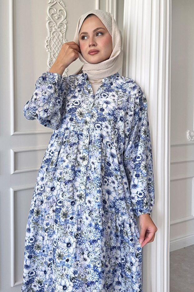 Nergis Çiçeği Mavi Mango Elbise - 3