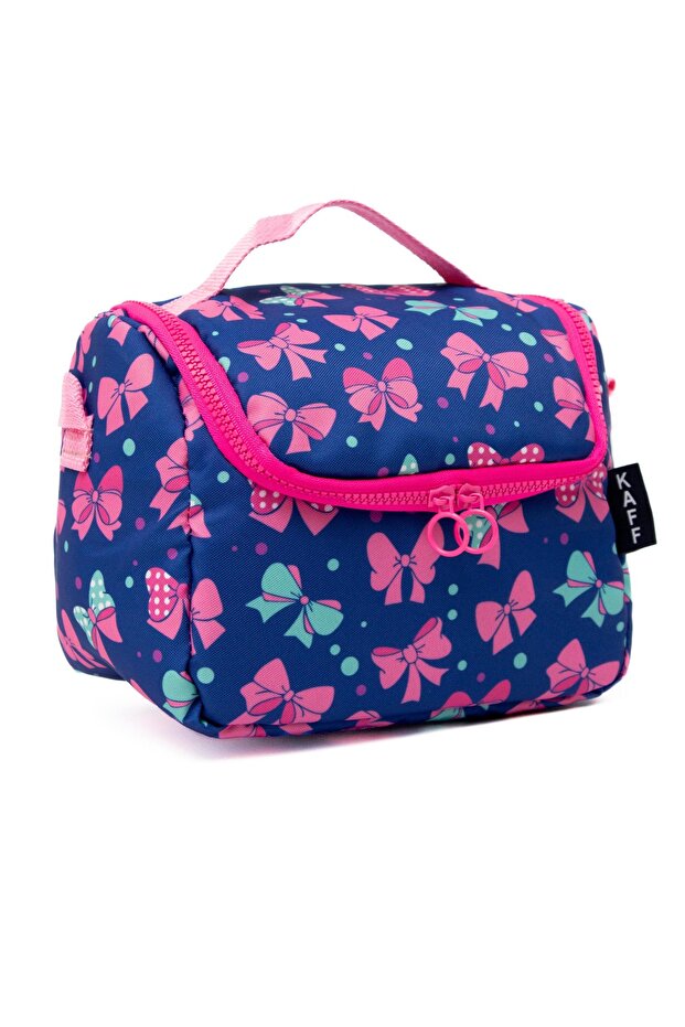 Ribbon Patterned Navy Blue Washable Heat Protected Lunch Box for Girls