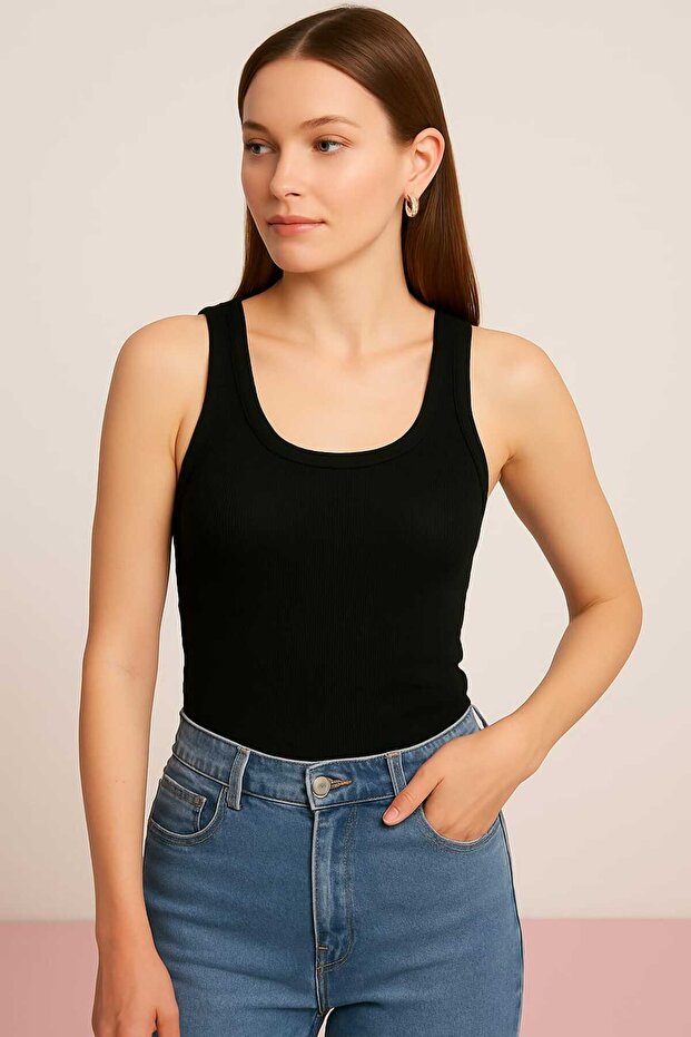 قميص داخلي نسائي أساسي ذو مظهر مضلع وأشرطة سميكة - 2