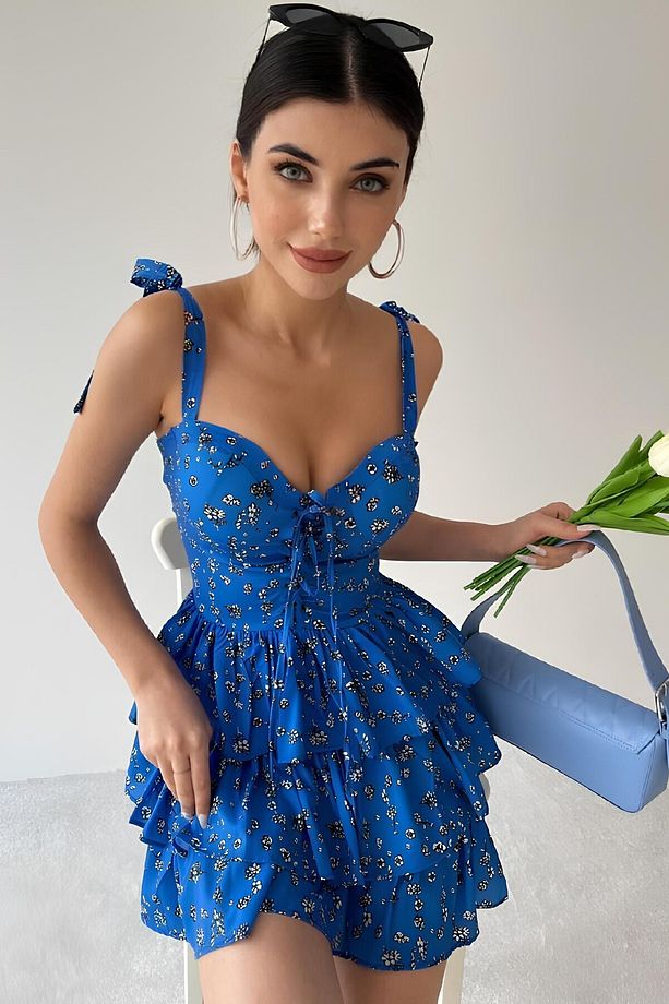 Askılı Elbise Eteği Volanlı Elbise Göğüs Destekli Elbise Mini Elbise Çiçekli Elbise Desenli Elbise - 1
