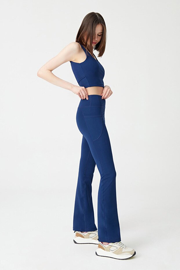 Women's Navy Blue High Waist Smoothing Double Pocket Flared Leg Tights Bootcut
