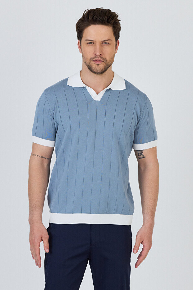 Garci̇a Men's Blue-White Cotton Blended Apache Collar Slim Fit Polo Collar Knitwear T-Shirt