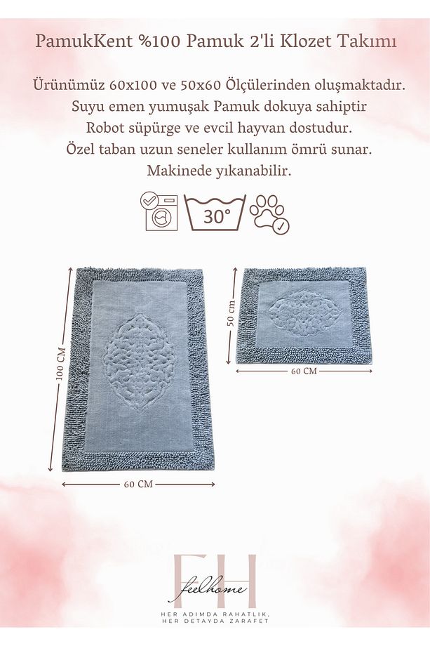 Pamukkent Yumuşacık, Süper Emici 2'li 100% Pamuk Ultra Lüks Banyo Paspası Seti Mavi - 4
