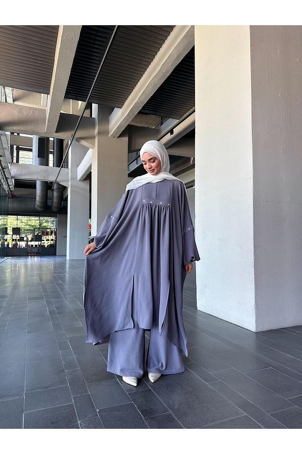 Papatya İşlemeli Oversize Rüya Takım - Gri - 6