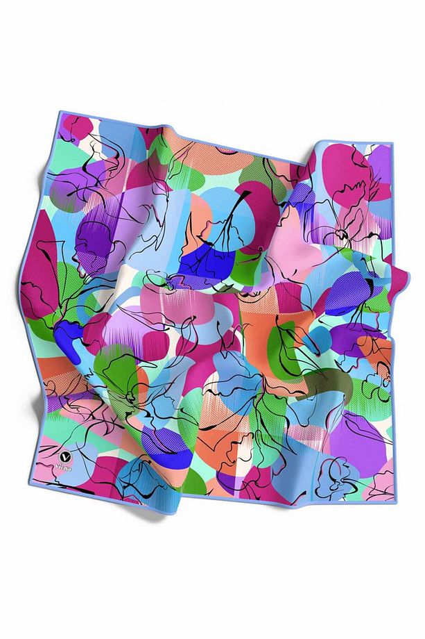 Pamuksu Batikli Ve Çiçek Desenli Bebe Mavisi Renkli 90x90 Soft Eşarp Kenar Dikiş Şekli El Dikişli - 1