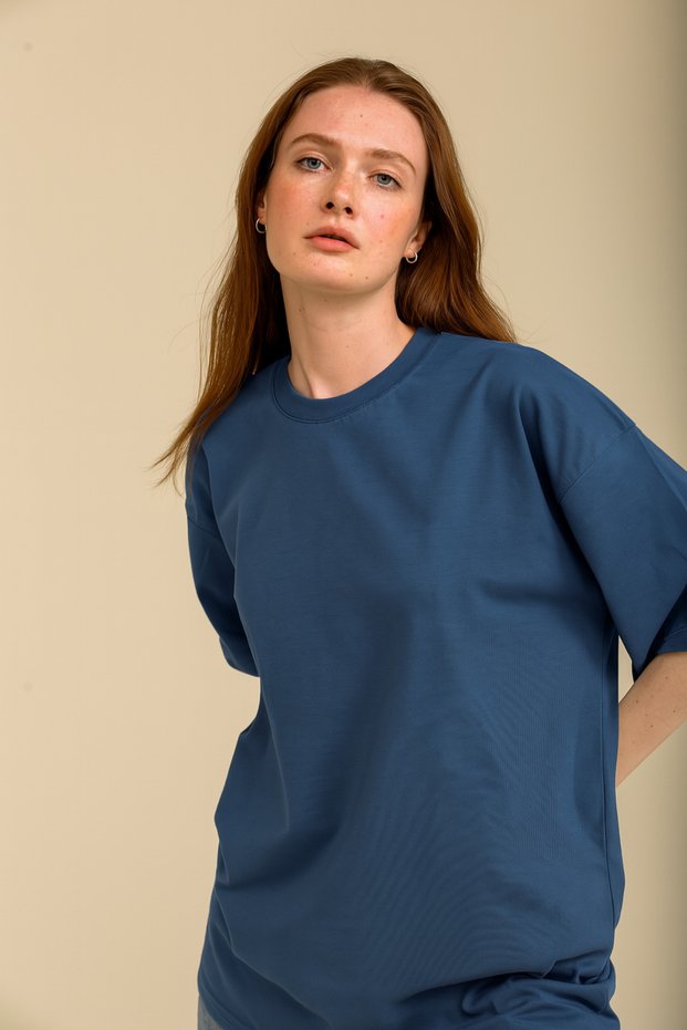 Women's Indigo Blue Oversize Crew Neck 100% Organic Cotton Plain Basic Summer T-Shirt