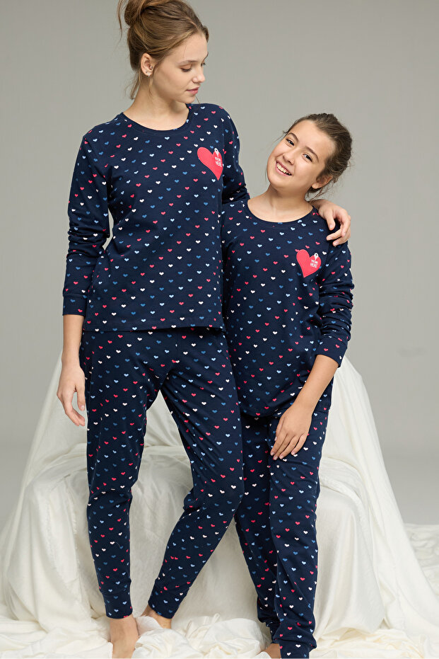 Navy Blue Heart Patterned Cotton Crew Neck Knitted Pajamas Suit25241145