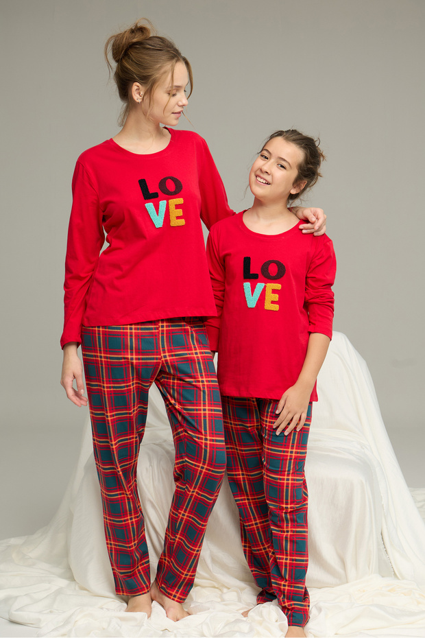 Red Plaid Cotton Crew Neck Knitted Pajamas Suit25241124