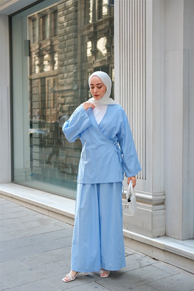 Women's Waist Tie Detail Double Suit Blue