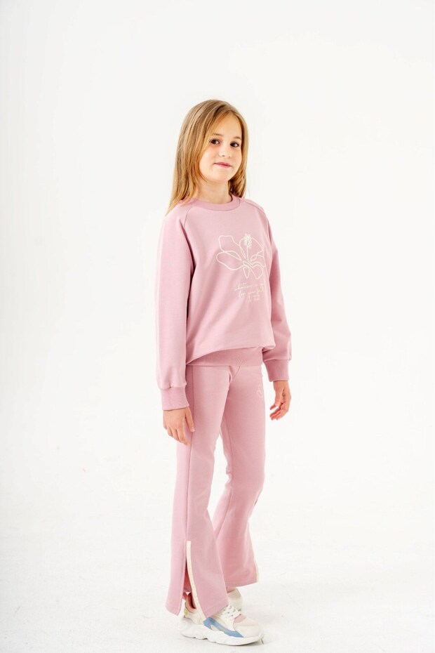 Girl's Printed 2 Strands Seasonal 6-7-8-9-10 Years Old Spanish Long Trousers Track Suit with Slits
