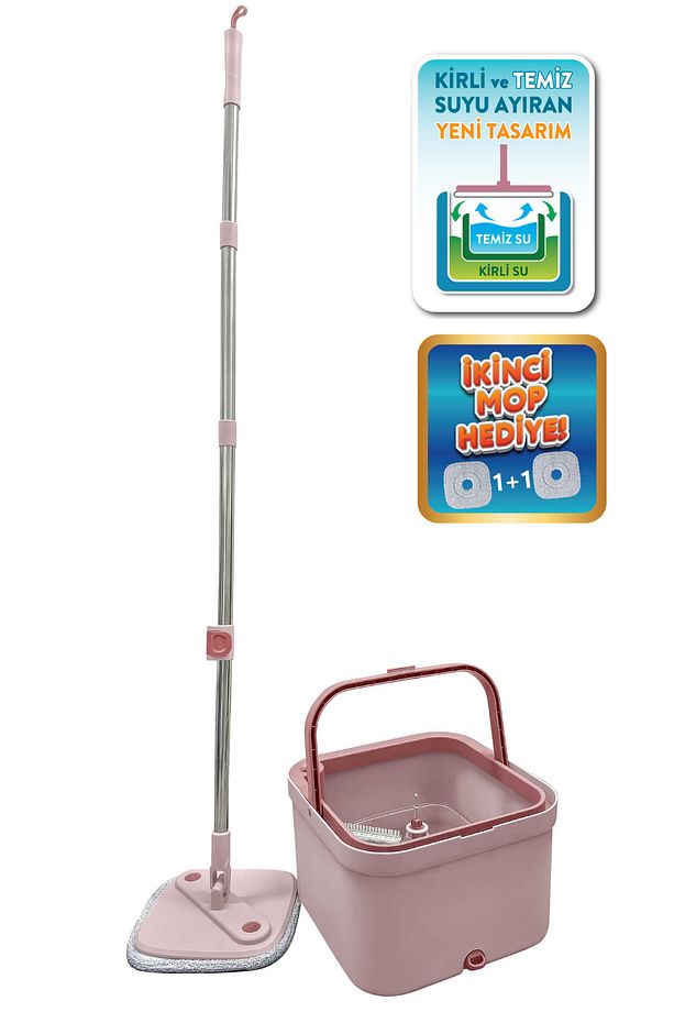 Flora Kare Spin Mop Set, Temiz ve Kirli Suyu Ayıran Mikrofiber Döner Temizlik Seti 1+1 Mop Pembe - 2
