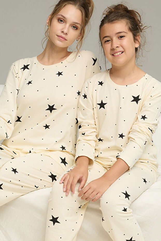 Ecru Star Pattern Cotton Crew Neck Knitted Pajamas Suit25241151