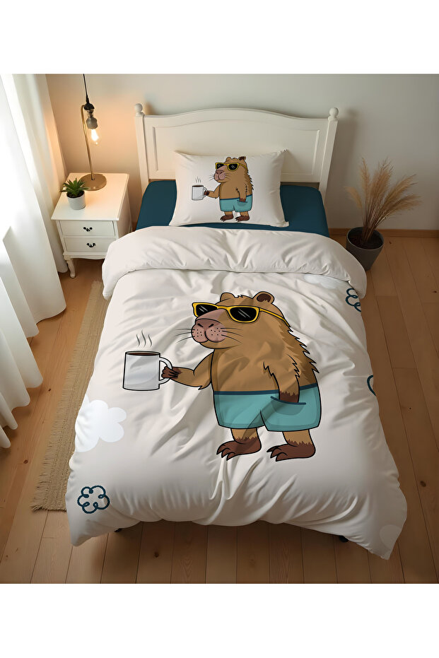 Çift Taraflı Capybara Desenli - Baskılı Tek Kişilik Nevresim Takımı - 1