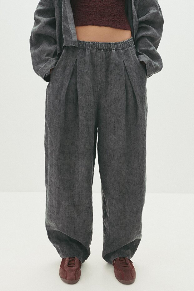 %100 keten barrel pantolon - 5
