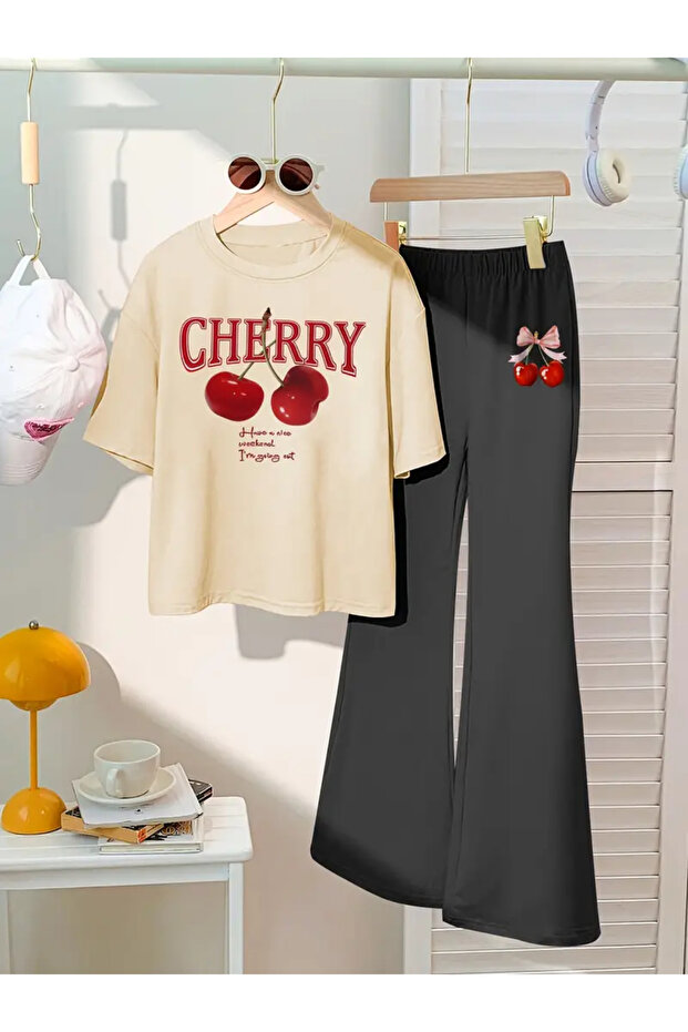Children's Cherry Printed T-Shirt Spanish Leg Tracksuit Set