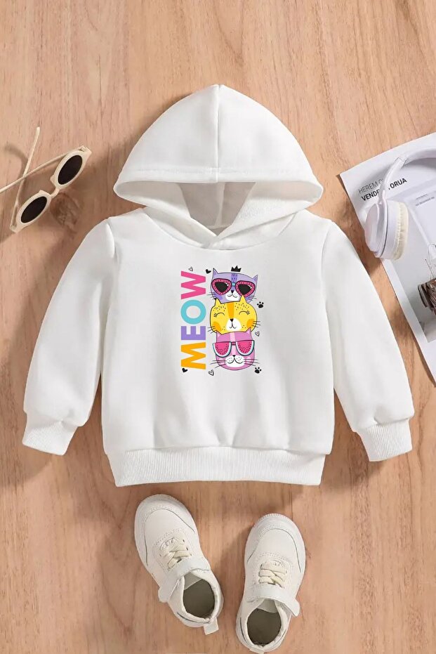 Children's White Hooded Sweatshirt – Meow Printed, Thick Fabric with Hood