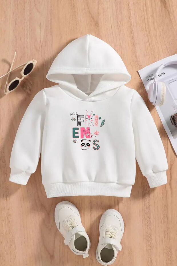 Children's White Hooded Sweatshirt – Friends Printed, Thick Fabric with Hood