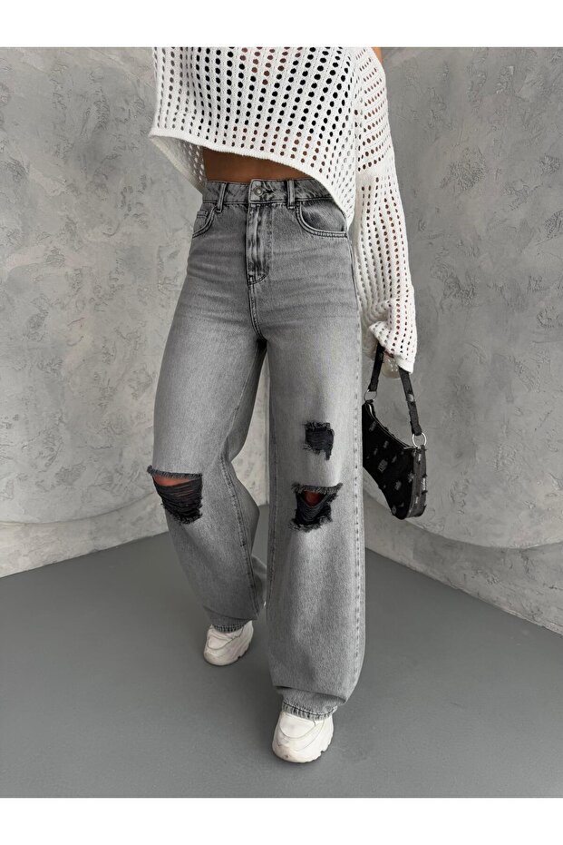 KADIN BAGGY FİT LAZERLİ YÜKSEK BEL GENİŞ PAÇA KOT PANTOLON GRİ - 7