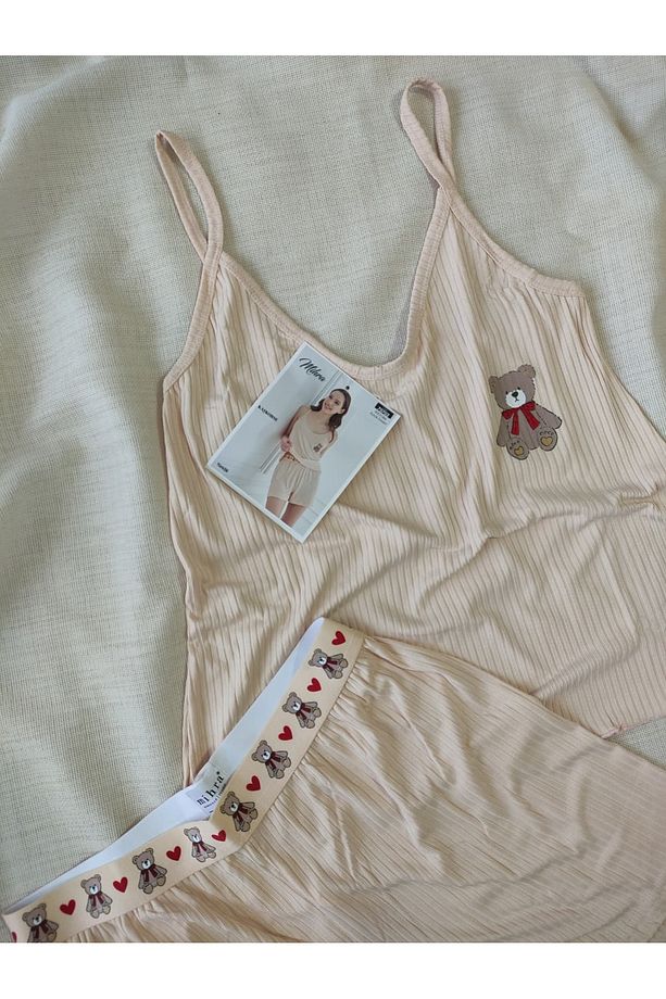 Kaşkorse Kumaş Askılı Şortlu Kadın Pijama Takımı S/M - L - XL - XXL 70702 - 3
