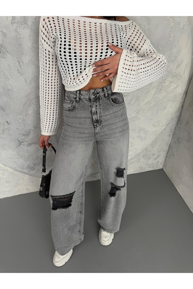 KADIN BAGGY FİT LAZERLİ YÜKSEK BEL GENİŞ PAÇA KOT PANTOLON GRİ - 6