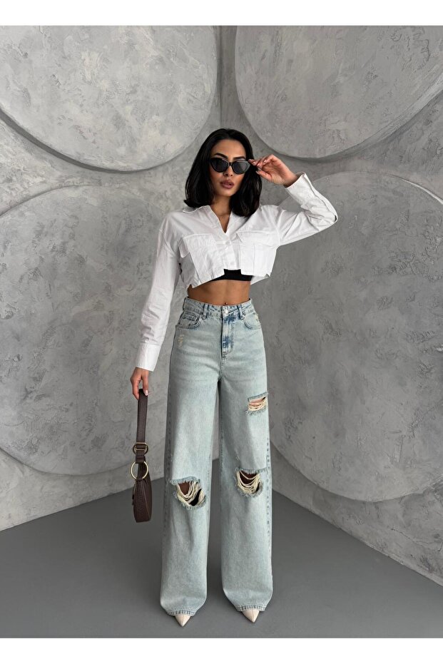 KADIN BAGGY FİT LAZERLİ YÜKSEK BEL GENİŞ PAÇA KOT PANTOLON AÇIK MAVİ TİNT - 5