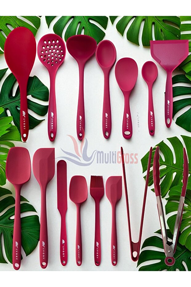 Ivory Heat Resistant Silicone Tongs Colander Ladle Spatula Spoon Set (30-28-22-20 cm) 15 Pieces