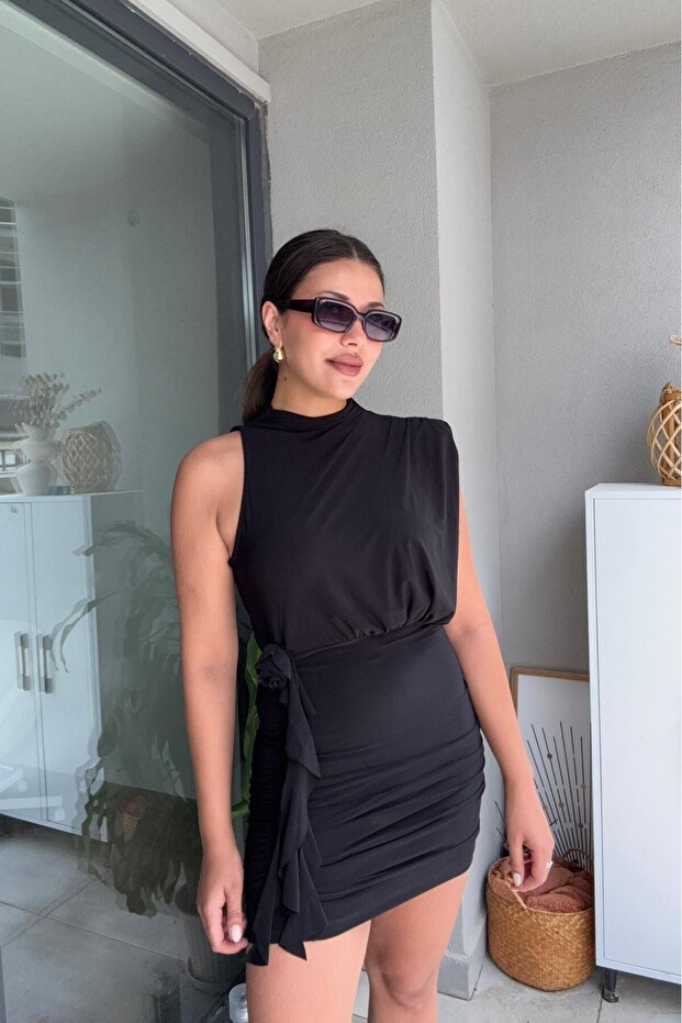 Asimetrik Drapeli Tek Omuz Mini Elbise - 2