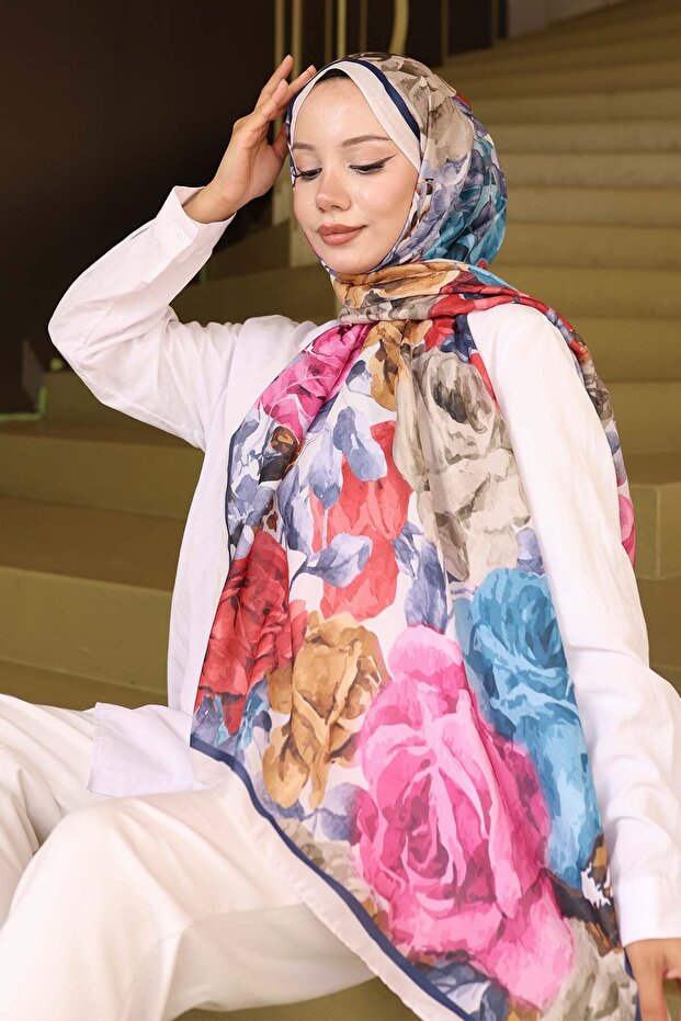 شال منقوش حجري-أزرق داكن İpk111 - 3