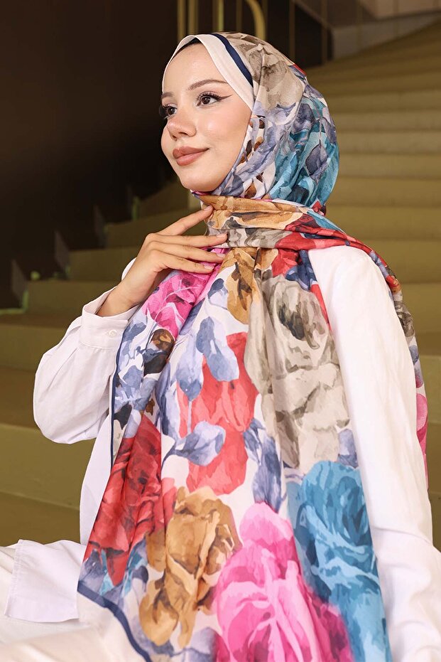 شال منقوش حجري-أزرق داكن İpk111 - 2