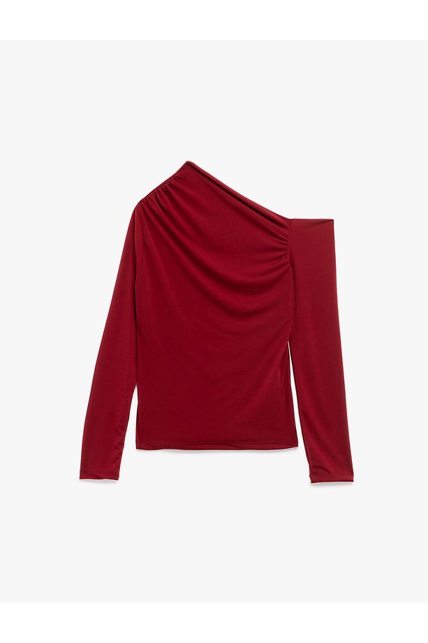 Slim Fit Drape Detaylı Uzun Kollu Asimetrik Tek Omuz Tişört - 1