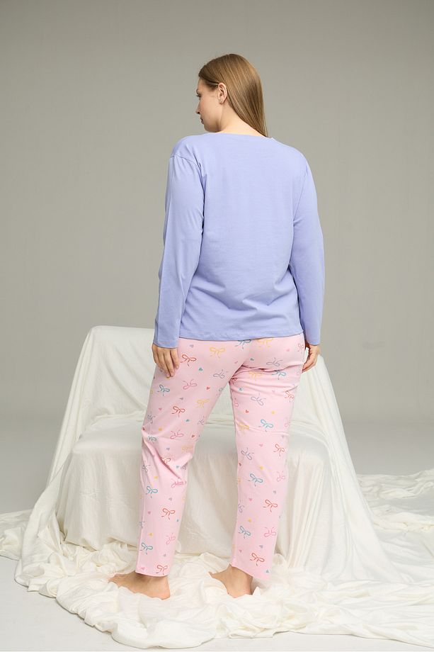 lila desenli Curve Büyük Beden Battal Boy Pamuklu Pijama Takım25240851 - 3