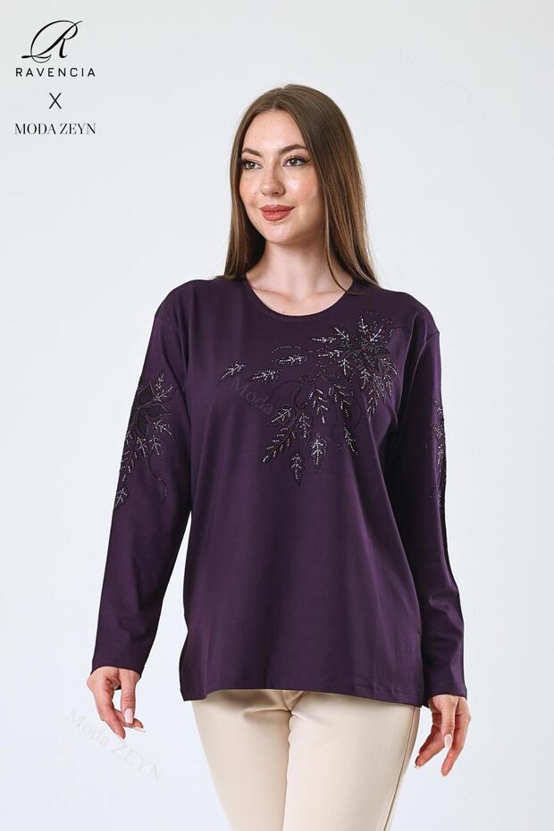 Women's Plum Plus Size Floral Patterned Stoned Slit Lycra Viscose Mother Combed Cotton Blouse