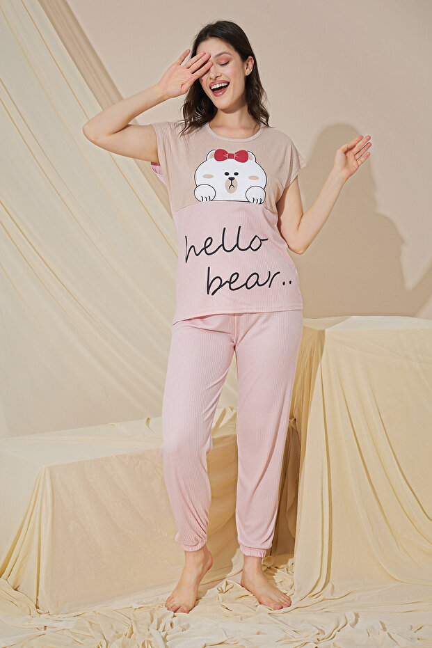 Women's Low-Waisted Pajama Set with Short-Sleeve Pockets