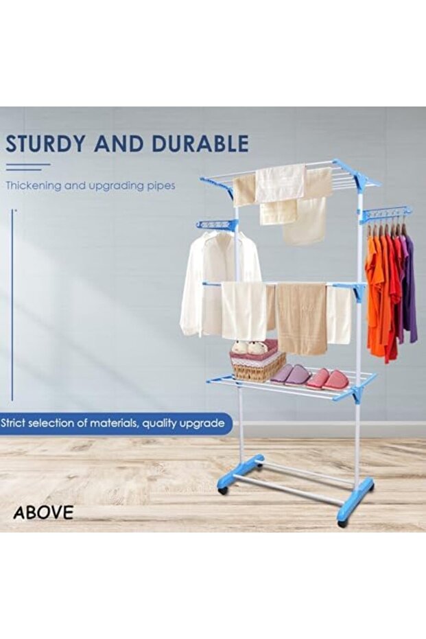 رف تجفيف الملابس ثلاثي الطبقات مع أجنحة قابلة للطي - 5