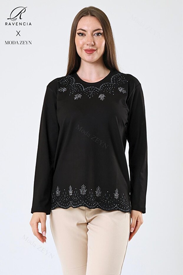 Women's Black Leaf Patterned Skirt and Stone Embroidered Collar Lycra Viscose Mother Combed Cotton Blouse