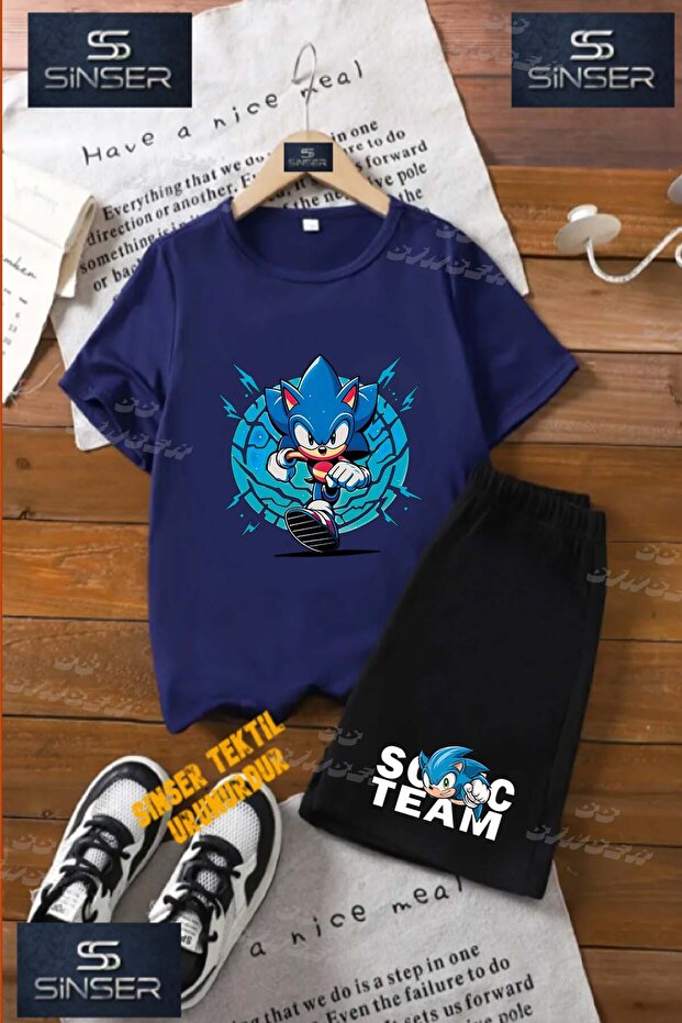 Children's Unisex “Sonic Blue Canvas One Kosan“ Custom Printed Crew Neck T-Shirt - Shorts Set