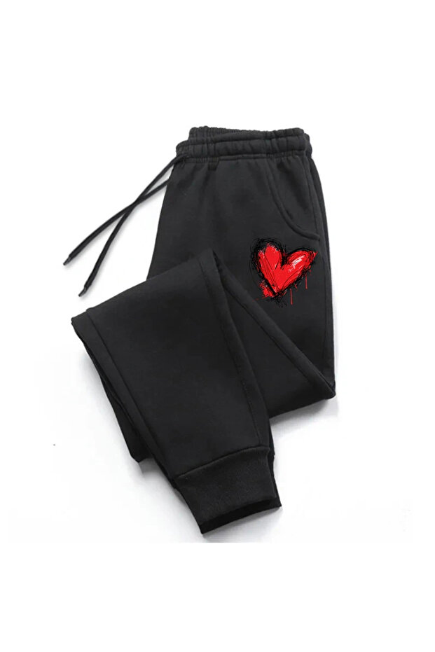 Black Red Heart Printed Women's Unisex Sweatpants