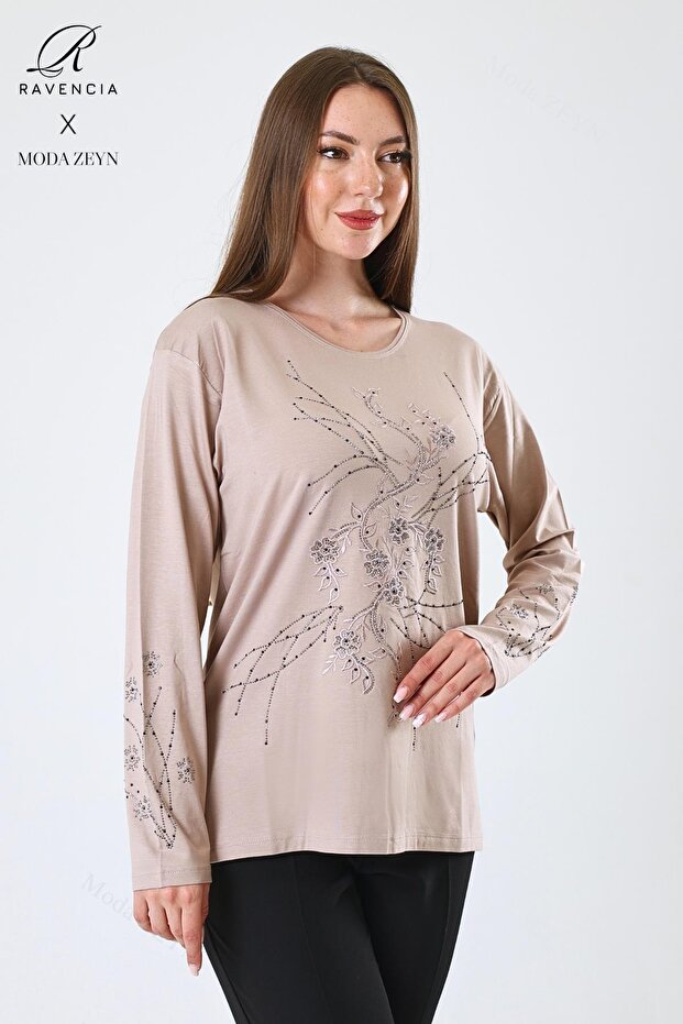 Women's Middle Age and Above Viscose New Coating Pattern Stone Embroidered Lycra Beige Mother Combed Cotton Blouse
