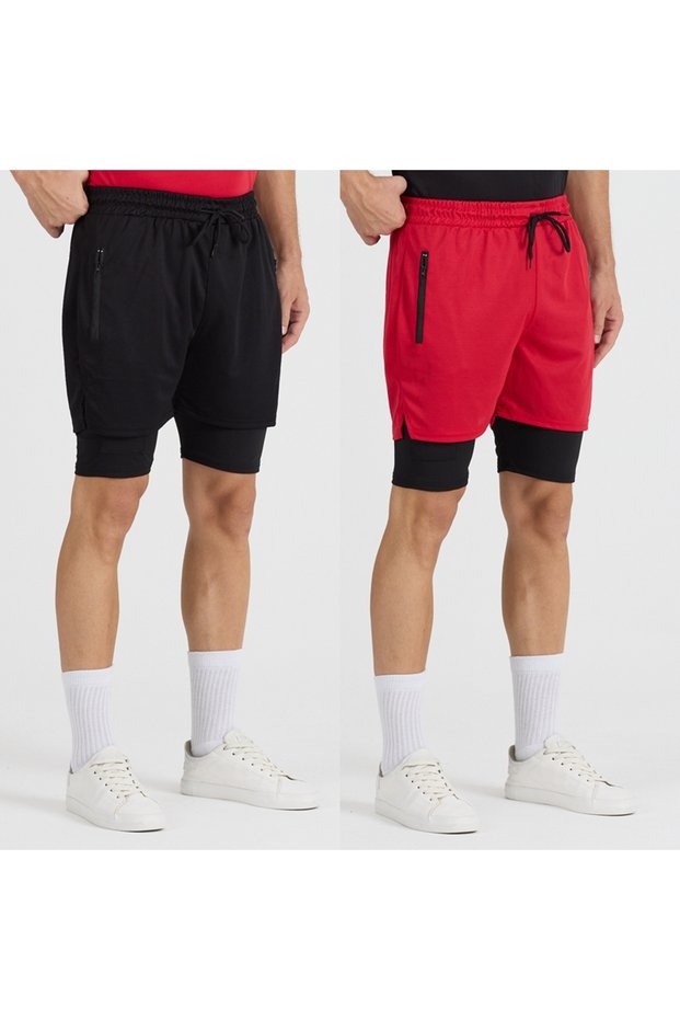 Set of 2 Men's Quick Dry Zippered Training Field Fitness Sports Shorts with Short Leggings