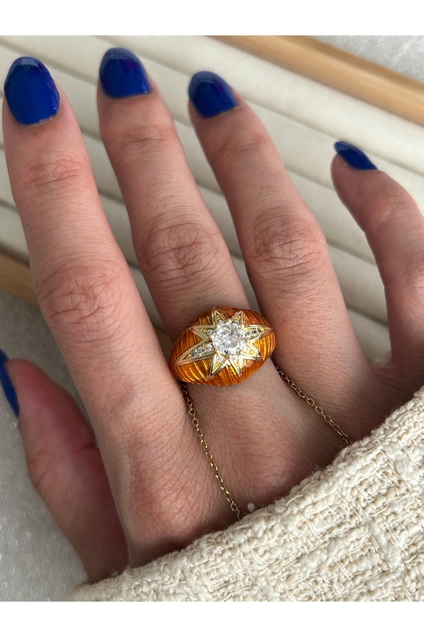 Orange Enamel Round Stone Ring - 2