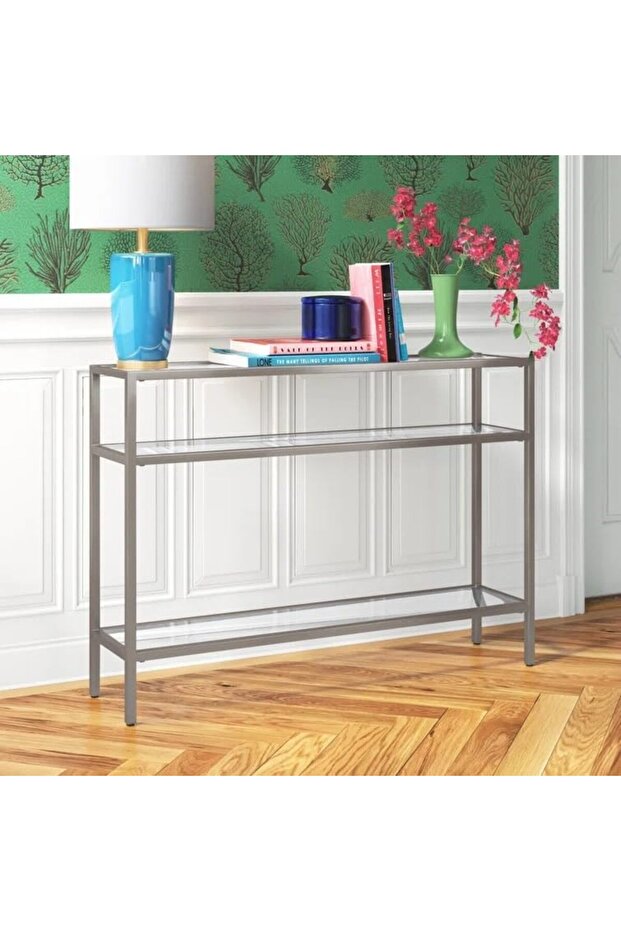 FFD Console Table for Living Room 105x25x75 Cm Metal Console Table with 3 Clear Glass Shelve