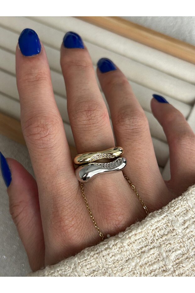 2-Piece Asymmetric Zircon Stone Interlocking Ring - 1